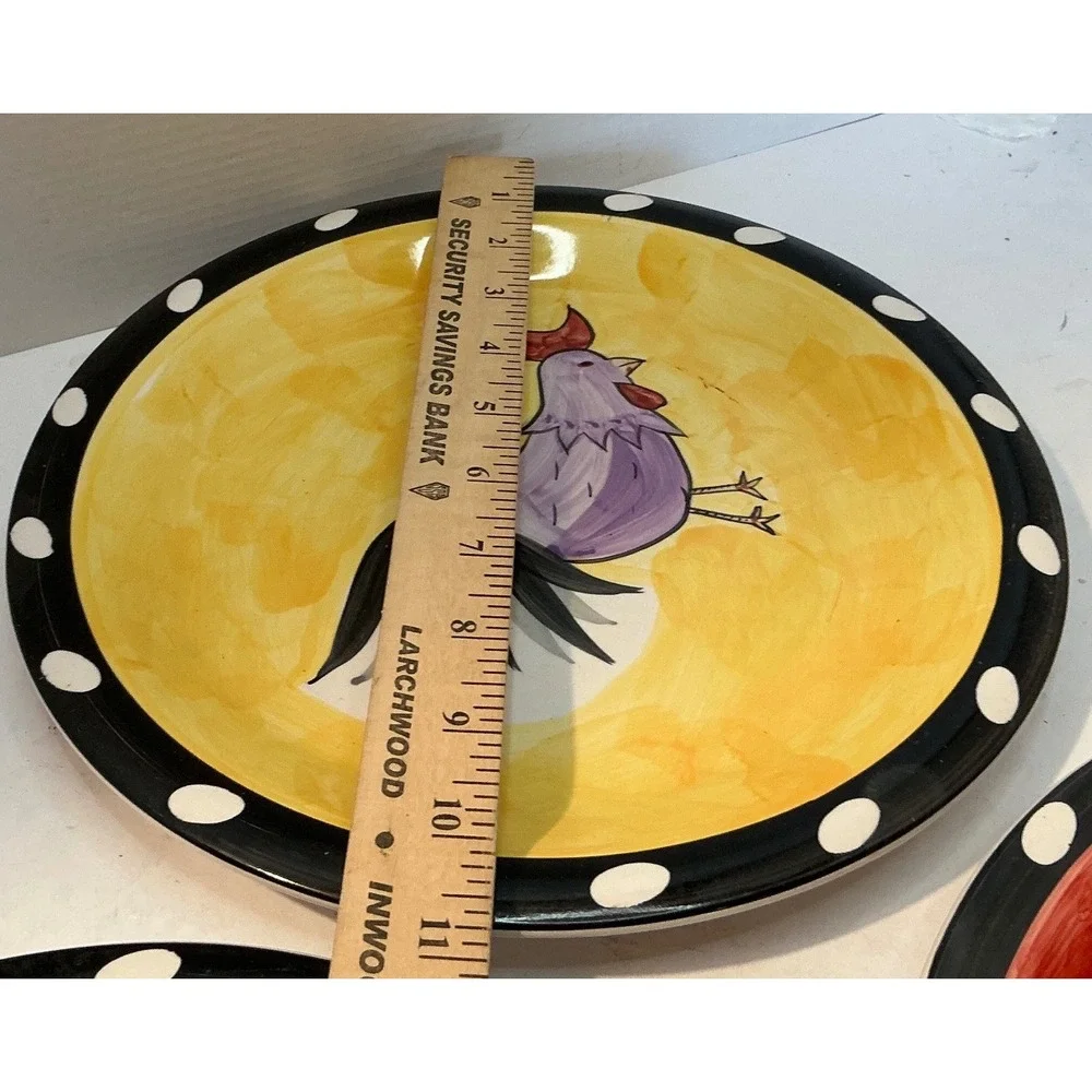 Vintage Rooster Ceramic Plates Set of 3 Polka Dot Rim 8 Inch Farmhouse